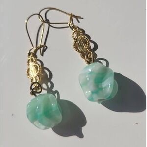 Gold Tone Dangle Vintage Earrings with Swirl Pattern Glass